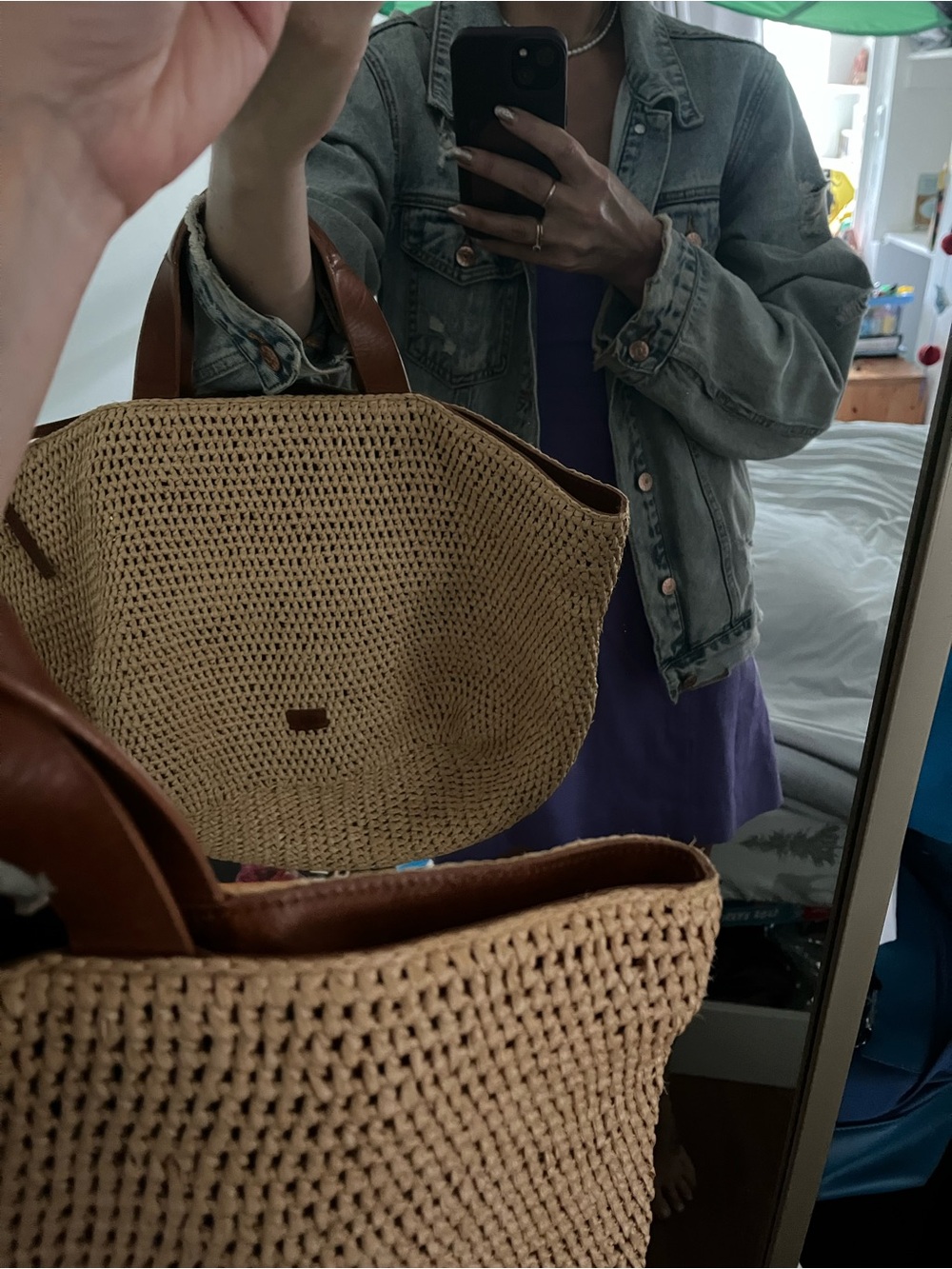 Woven Straw Tote with Brown Leather Handles - Picture 3 of 5